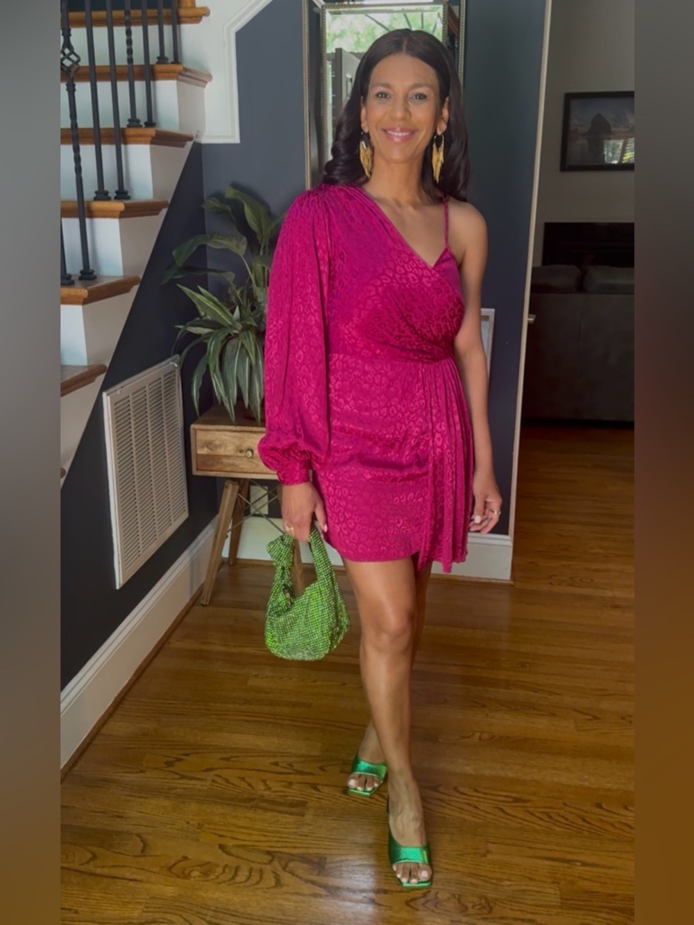 Hot Pink One-Shoulder Mini Dress with Draped Sleeve